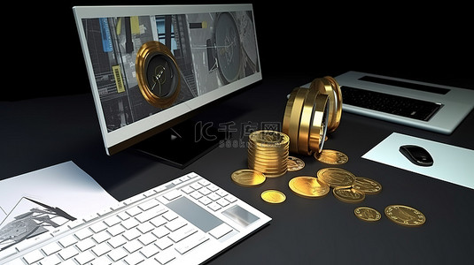 商业理念计算机图形硬币和纸币的 3d 呈现器