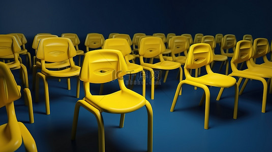 蓝色学生椅海洋中引人注目的黄色学生椅 3D 渲染图像
