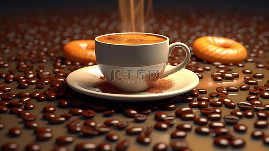 沉迷于咖啡甜甜圈和豆子的美味佳肴 3D 渲染