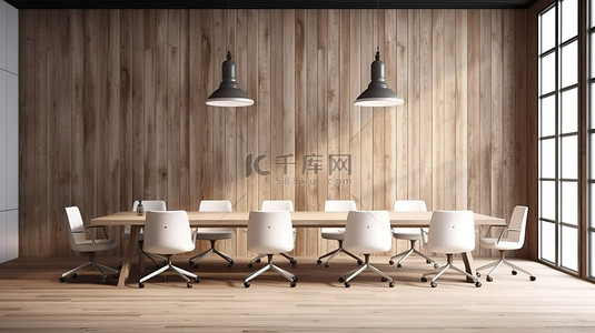 会议室墙背景图片_时尚的阁楼会议室配有白色办公桌和木纹墙 3D 渲染