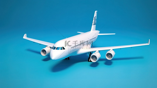 白色飞机背景图片_象征在线票务和旅游的蓝色背景上白色飞机模型的 3D 渲染