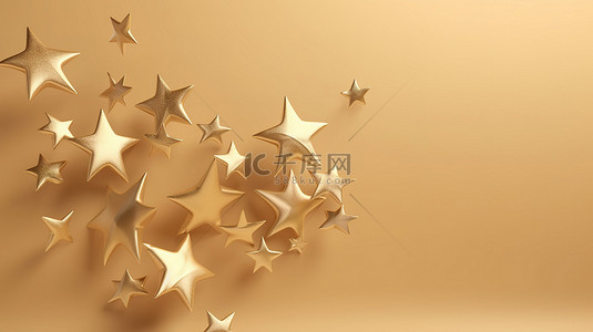 飞行中的金色玻璃星星在米色背景上进行 3D 渲染，非常适合您的节日圣诞项目