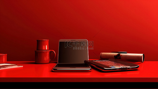带手机和平板电脑的红色办公桌水平横幅的 3D 插图