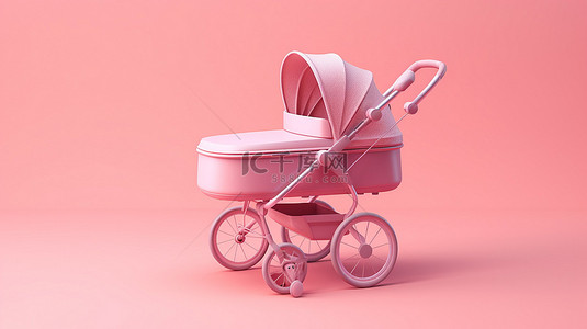 时尚的粉色婴儿背带婴儿车和婴儿车模拟，在粉色背景 3D 渲染上具有双色调触摸