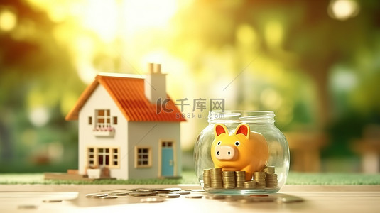 模型房子旁边有一个玻璃存钱罐，里面有硬币，象征着为你的梦想家园储蓄