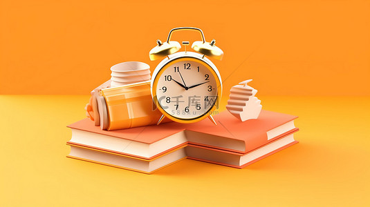 回到学校 3D 书籍和时钟在现代等距设计中的橙色背景