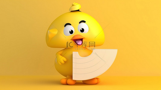 黄色卡通鸭吉祥物，带有商业饼图信息图形，在 3D 渲染中以充满活力的黄色背景为背景