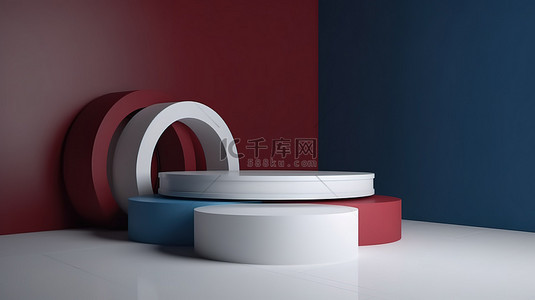 红色方形背景图片_简约的白色红色和蓝色 3d 渲染讲台，用于展示产品和模型
