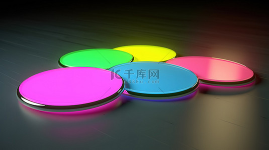 发光蓝色地板的 3D 渲染，带有四个粉红色灰色黄色和绿色塑料板
