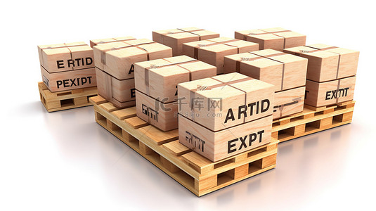 物流箱标签背景图片_全球贸易木托盘，带有出口标签的纸板箱，白色背景 3D 渲染