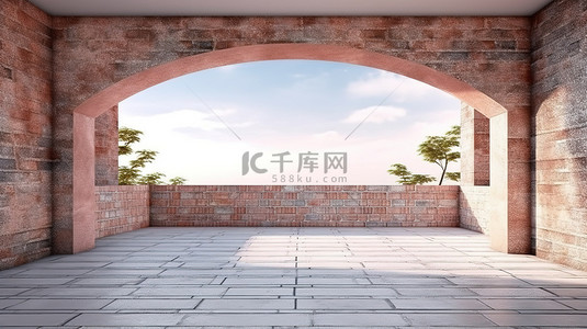 创意 3D 渲染混凝土和砖桥墙的建筑概念白天视图