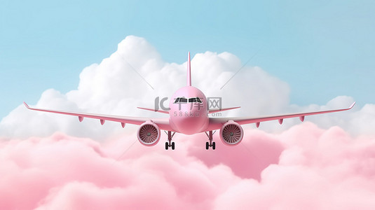 航空旅行概念 3D 渲染飞机在柔和的粉红色背景下穿过云层