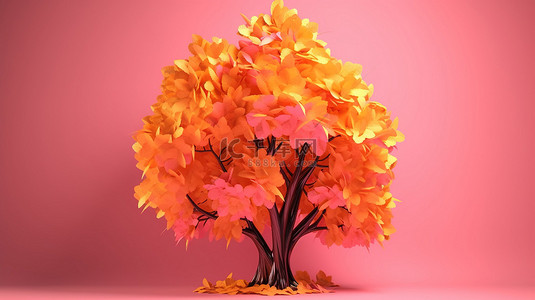 粉红色和黄色 3d 背景中的橙叶树