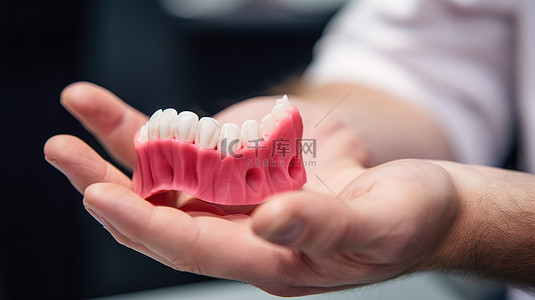 一名学生向相机展示 3D 打印塑料假牙的特写镜头