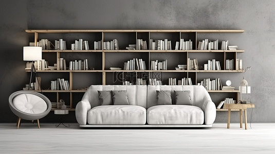 家庭书架背景图片_3d 客厅设计中的书架和靠垫