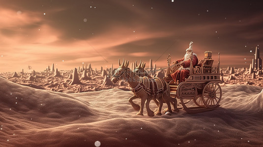 骑鹿女孩背景图片_圣诞老人在圣诞节那天骑着他的节日雪橇的 3d 渲染