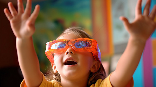 一个戴着 3D 眼镜的小孩子兴奋地举起双臂