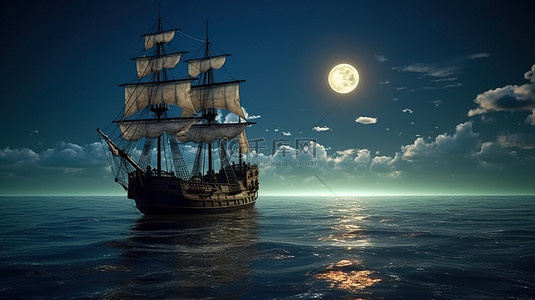 满月海洋 3d 渲染上的老式海盗船