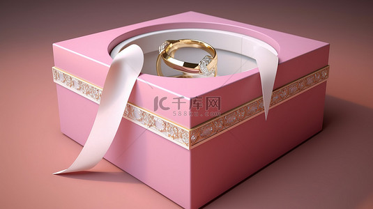 闪闪发光的金色戒指装饰着粉色礼盒，白色丝带在 3D 渲染中