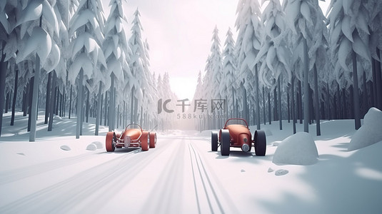 两个孩子驾驶 3D 赛车在白雪皑皑的森林赛道上加速行驶