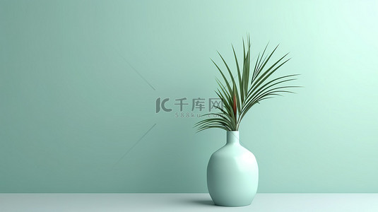 柔和的蓝色背景下单色植物和花瓶的 3D 渲染