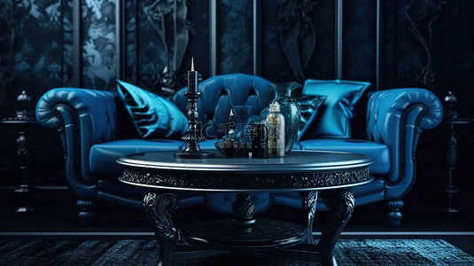 哥特式风格的休息室配有时尚的深蓝色咖啡桌和装饰性 3D 渲染