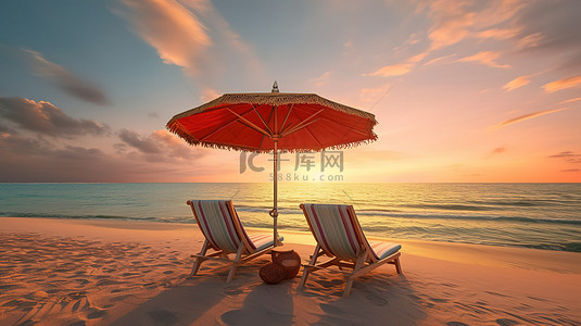 热带海滩令人惊叹的日落天际线，配有两把躺椅和一把 3D 渲染的雨伞