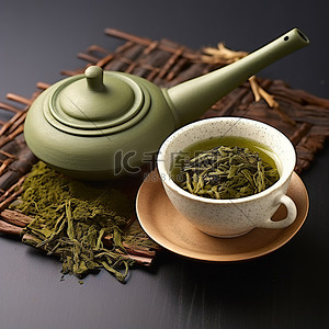 一碗绿茶放在一个带小勺子的茶壶前