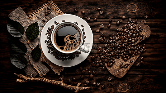 咖啡俯视图原木背景图片_咖啡现磨咖啡豆背景