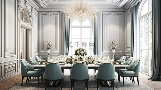 优雅的餐厅，配有宽敞的桌子和豪华座椅，位于传统公寓 3D 模型中