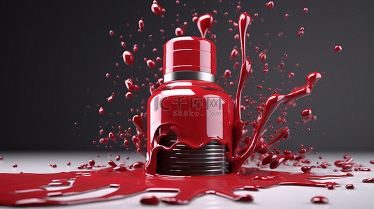红色指甲油从瓶子里溅出来的 3D 渲染剪辑图像