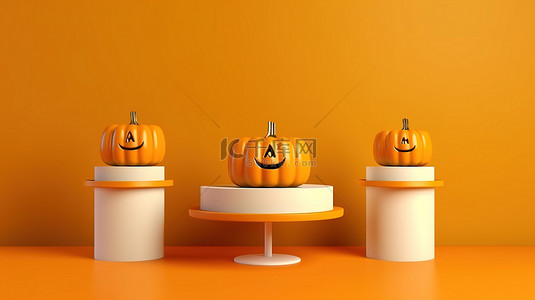 节日万圣节看台，在充满活力的工作室背景 3D 渲染上呈现橙色白色和黄色南瓜