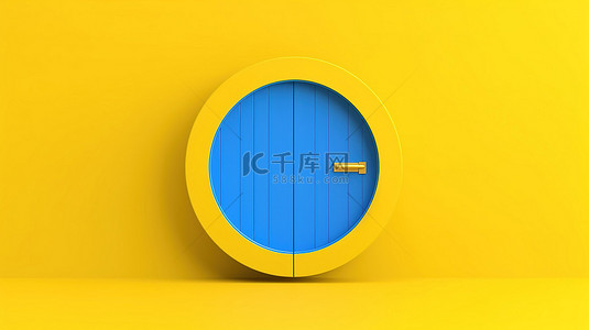 充满活力的黄色背景上圆形的简约蓝色门的 3D 渲染