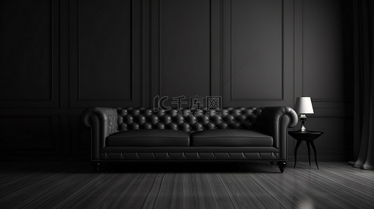 宽敞的黑色房间中现代黑色沙发的 3D 渲染