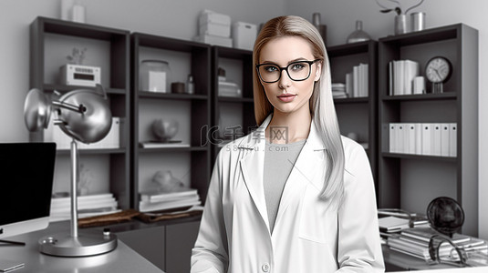 3D 合成图像展示了自信的女医生站在她的办公桌旁