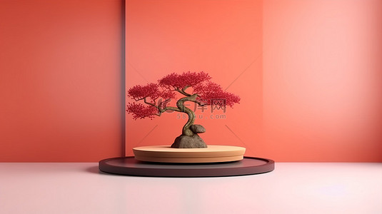 日式讲台和盆景树的 3D 渲染，在引人注目的 Peri 彩色背景上用于产品展示