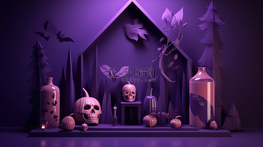 不快乐的背景图片_3d 渲染紫色舞台上的万圣节产品展示