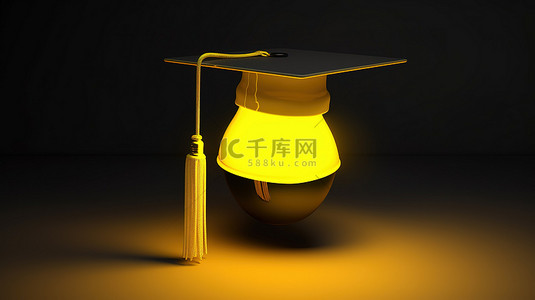 黄色学习背景图片_3D 渲染中带有毕业帽的黄色灯泡