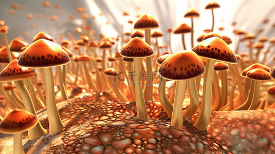 高清美食背景图片_迷人的棕色蘑菇林 3d 插图