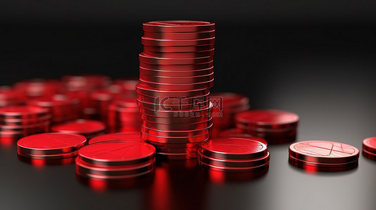 费用收支明细背景图片_3d 插图经济概念由红色向下箭头和成堆的硬币描绘