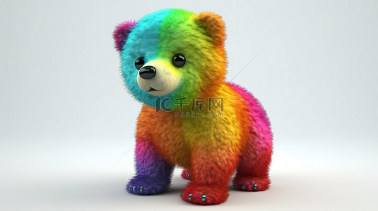 充满活力的 3D 渲染可爱的熊玩具与彩色毛皮白色背景