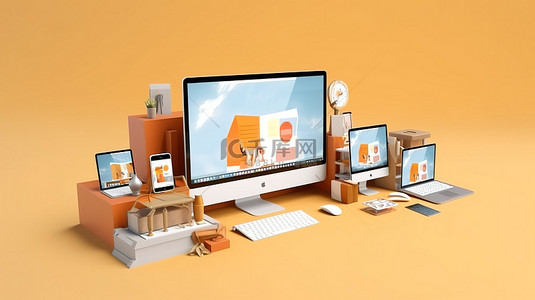 虚拟工作空间办公工具和小工具悬停在在线营销网站上方