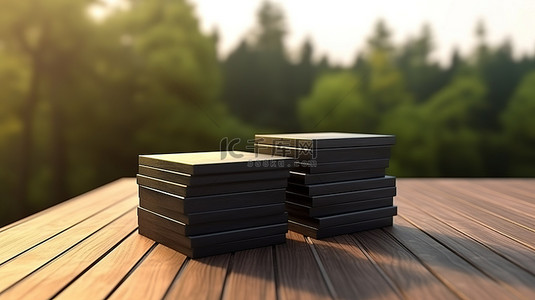 企业品牌设计样机背景图片_棕色木桌上四堆黑色名片模型的户外 3D 渲染