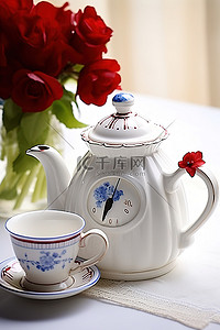蓝色花花瓣背景图片_白色的茶壶和蓝色的花瓣