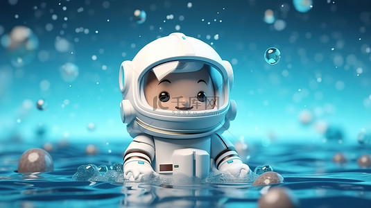 后台世界背景图片_具有 3d 水背景的柔和卡通风格的宇航员孩子