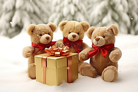 三只泰迪熊在雪地里拿着礼盒