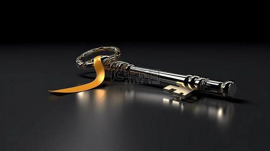 以 3D 呈现的光滑金属黑色表面上的礼物金钥匙
