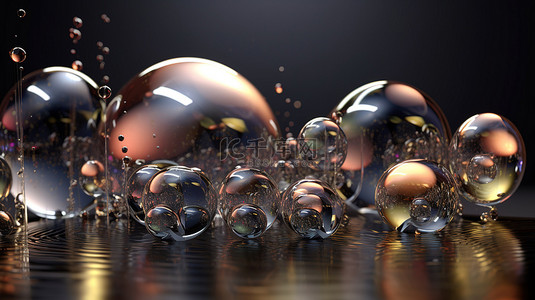 3d 渲染背景中各种大小的透明球体和玻璃泡