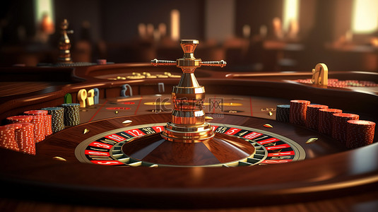 3D 渲染赌场轮盘赌桌筹码和骰子的设计概念，营造真实的赌博氛围