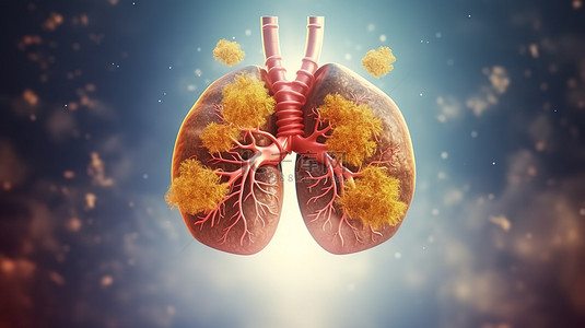 慢性咳嗽背景图片_3D 渲染的肺和心脏的插图象征肺部疾病